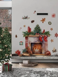 Detail of Christmas fireplace wall stickers with watercolor socks and gingerbread man motifs