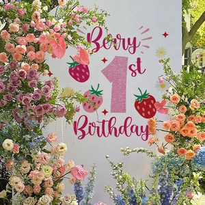 Floral strawberry theme first birthday party backdrop banner for baby girl wall decoration