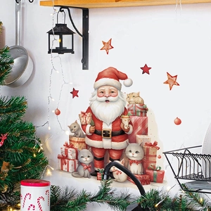 Christmas wall decal featuring Santa Claus and cats on a white kitchen background