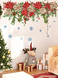 Detail of Christmas poinsettia wall stickers with red berries and pine needles decor