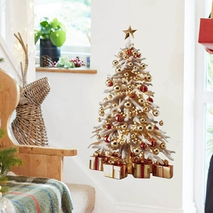 Golden Christmas tree wall sticker with warm lights and gift boxes for festive home decor