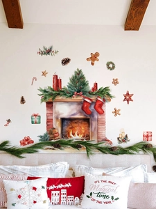 Bedroom wall featuring Christmas fireplace stickers with watercolor socks and tree