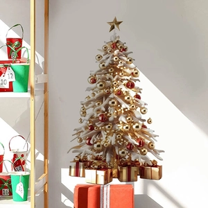 Golden Christmas tree wall sticker with red baubles and star on festive gift boxes