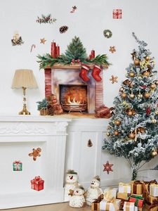 Detail of Christmas fireplace wall stickers with watercolor socks and gingerbread man