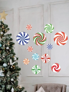 Detail of colorful peppermint candy wall decals in a festive Christmas home setting