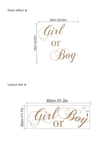 Gender reveal party wall decal showing layout and paste size for Boy or Girl stickers