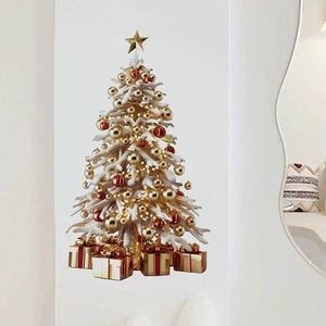 Golden Christmas tree wall sticker with red ball ornaments and star for home holiday decor