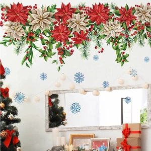 Christmas Poinsettia Floral Wall Stickers Green Leaves Red Berries Blue Snowflakes PVC Self Adhesive Festive Home Decor