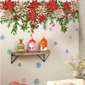Christmas wall decal set with poinsettia, red berries, and snowflakes for home decor