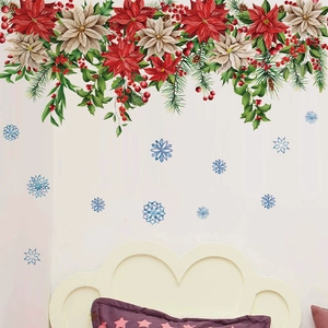 Christmas wall stickers with red flowers and green leaves for festive home wall decoration
