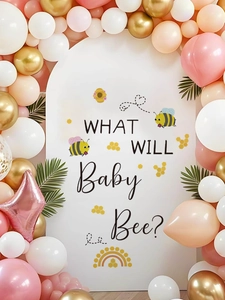 Toile de fond What Will Baby Bee pour baby shower avec arche de ballons et abeilles