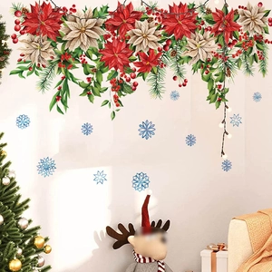 Christmas wall stickers with red poinsettias and green leaves for festive home decor