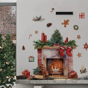 Festive Christmas fireplace wall sticker with watercolor socks and decorative holiday elements