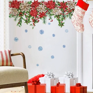 Christmas poinsettia garland and blue snowflake wall decals for home holiday decoration