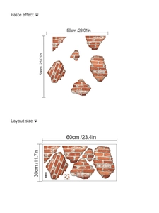 Detailed dimensions of 3D red brick wall sticker showing layout size and paste effect