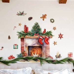 Cozy watercolor Christmas fireplace wall decal set with holiday stockings and gift boxes