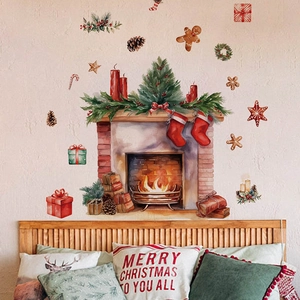 Christmas fireplace wall decal with stockings and tree for home holiday party decoration