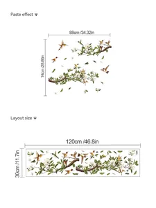 Detailed size chart for tree branch and hummingbird wall sticker measuring 88x74cm
