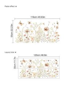 Detailed size chart for Bohemian wildflower wall stickers showing dimensions and layout