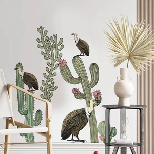 Self-adhesive cactus and vulture wall mural for modern home art decoration