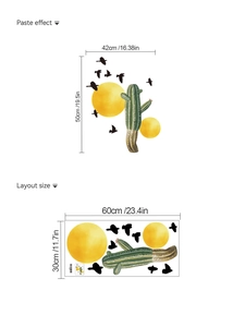 Cactus and birds wall sticker set layout size and finished paste effect dimensions