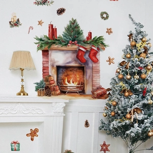 Christmas fireplace wall decals with gingerbread men and pine cones for home festive decor