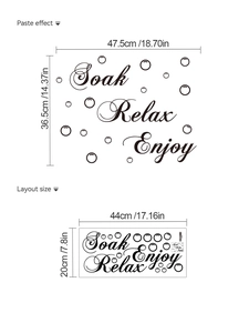 Detail view of Relax Soak Enjoy PVC wall decals with layout and finished sizes