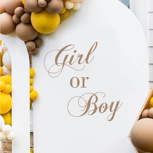 Gender Reveal party backdrop with white arches and cream balloon garland decoration