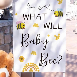 Toile de fond What Will Baby Bee Gender Reveal avec motifs d'abeilles et arc-en-ciel
