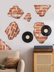 Detailed realistic 3D broken brick wall stickers applied on a modern living room wall