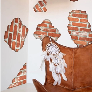 3D realistic broken red brick wall stickers with industrial vintage style for home decor