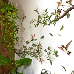 Vibrant hummingbird and white magnolia tree branch wall stickers for home decor