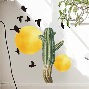 Minimalist green cactus wall stickers with birds and sun for bedroom home decor