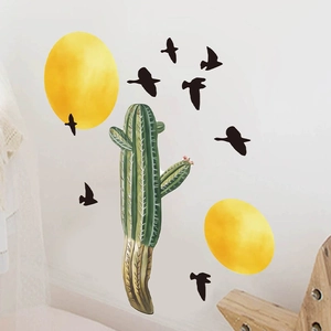 Minimalist cactus and birds PVC wall stickers for kids room and home wall decor