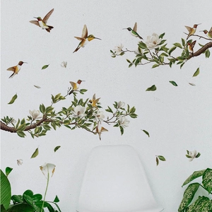 Hummingbird and white magnolia wall decals for elegant living room home wall decor