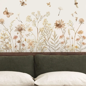 Bohemian watercolor wildflower wall stickers with bees and butterflies for bedroom decor
