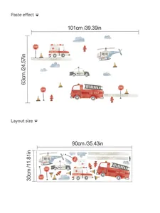 Size chart showing dimensions for emergency rescue vehicles wall sticker layout