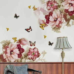 Grand Sticker Mural Pivoine Fleur Papillon Rose Floral Auto-adhésif PVC Stickers Muraux Pour Salon Chambre Décoration Murale Artistique