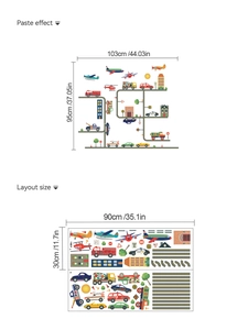 Detail of DIY vehicle wall stickers showing police car, fire truck and city layout