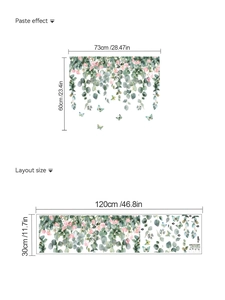 Detail of flower and butterfly wall decal with size specs and layout instructions