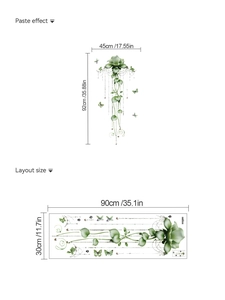 Detailed dimensions of green floral butterfly wall stickers layout and paste size