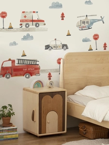 Detailed watercolor transport wall decals with ambulance and fire truck in nursery setting