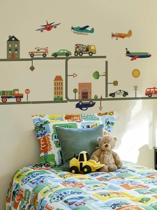 Detailed cartoon city wall decals featuring transport vehicles and road signs for kids