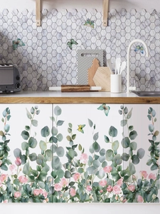 Detailed wall sticker featuring eucalyptus leaves, pink roses, and colorful butterflies