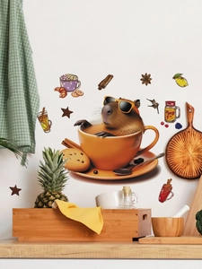 Detail of cute capybara in coffee cup wall sticker with cookies and citrus decor
