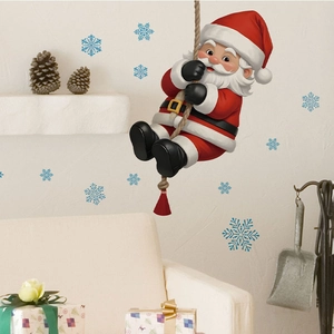 Cartoon Santa Claus climbing rope wall sticker with blue snowflakes for home decor