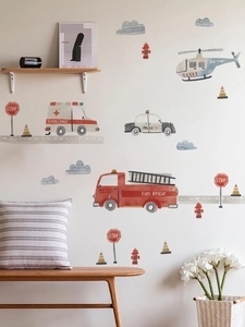 Detailed view of watercolor transport wall stickers including ambulance and police car