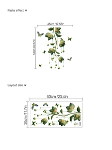 Detail showing green plants wall sticker layout size and pasted effect dimensions