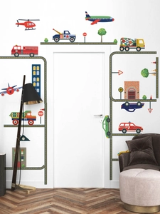 Detail view of colorful city traffic wall decals applied around a white room door frame
