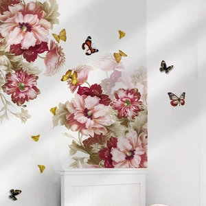 Stickers muraux pivoines et papillons pour décoration artistique de salon et chambre